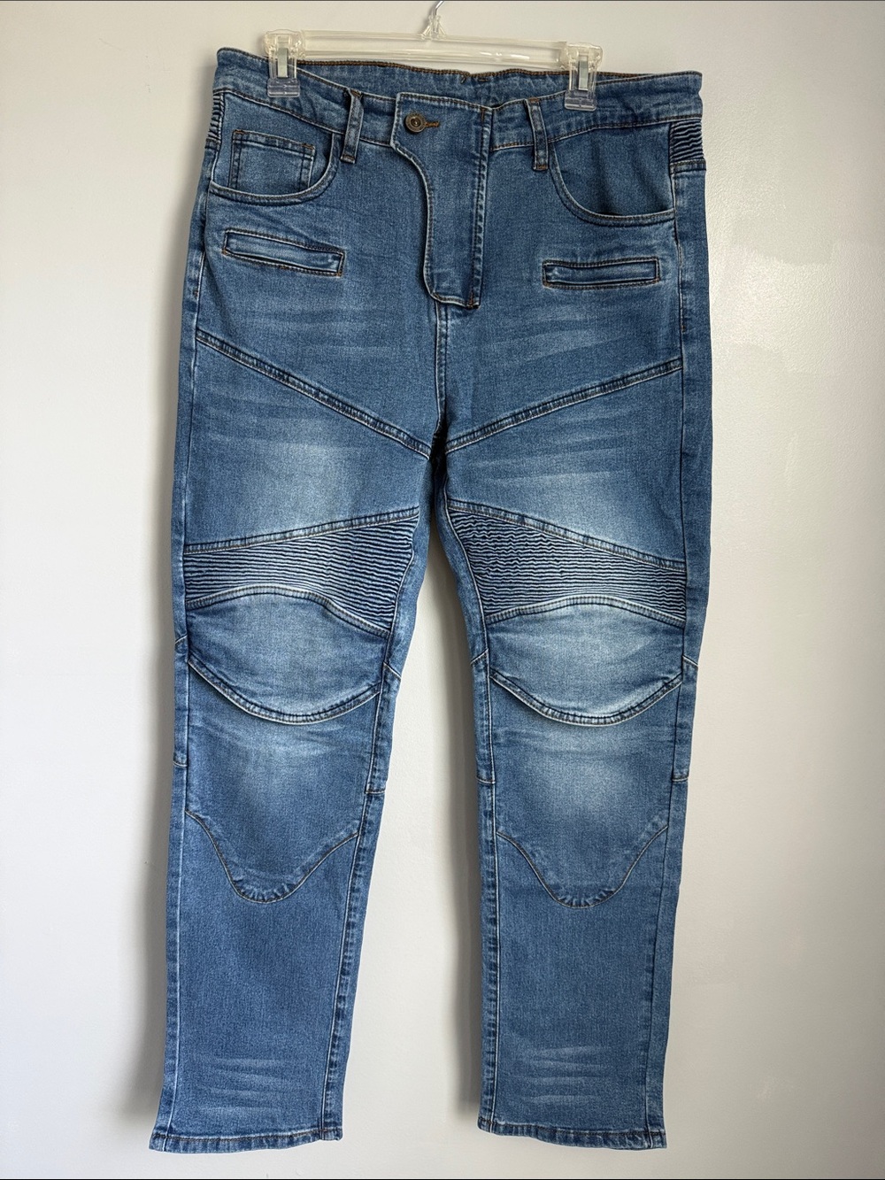Volero Men's Blue Washed Stretch Moto Jeans